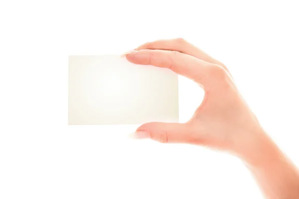 Hand with blank card isolated on white — Stock Photo, Image
