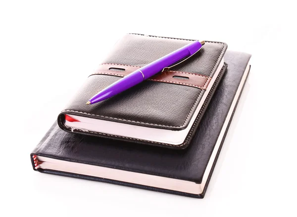 Cadernos com uma caneta esferográfica azul sobre eles isolados em branco — Fotografia de Stock