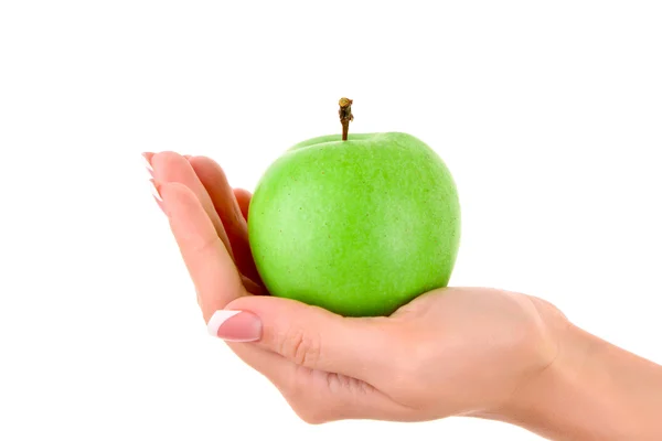 Яблоко на руке, изолированное на белом — стоковое фото