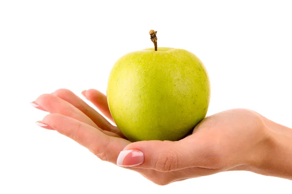 Яблоко на руке, изолированное на белом — стоковое фото