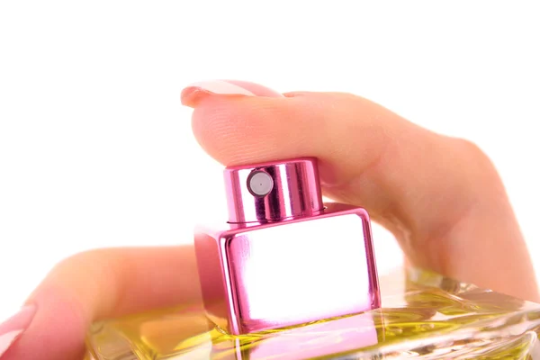 Frasco de perfume en la mano aislado en blanco — Foto de Stock