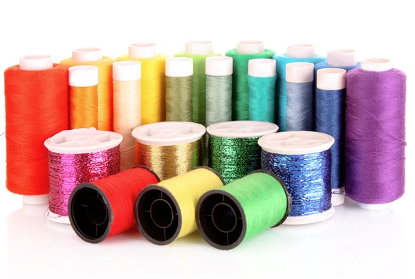 Semicircle of many-coloured bobbins of thread isolated on white — Stock Photo, Image
