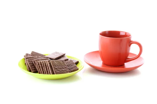 Chocolate cookie and cup of coffee isolated on white — Stock Photo, Image