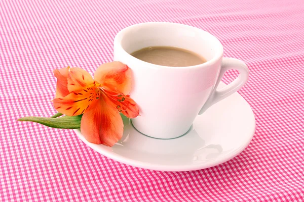 Tasse Kaffee und Blume auf rotem Hintergrund — Stockfoto