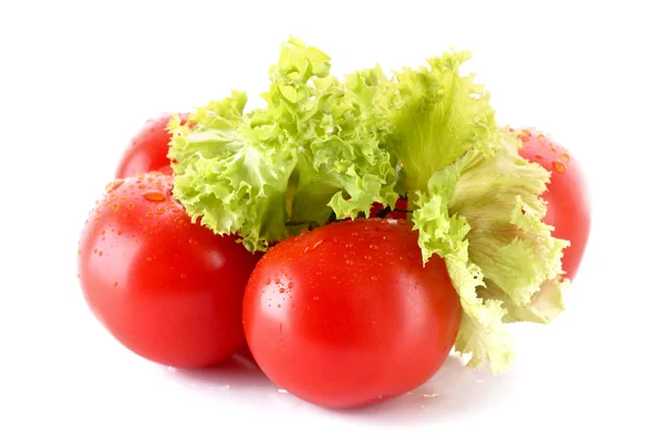 Pár rajčaty a zeleným salátem, izolované na bílém — Stock fotografie