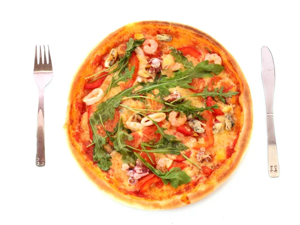 Pizza ve üzerinde beyaz izole çatal — Stok fotoğraf