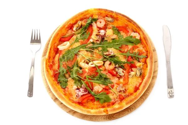 Pizza e forchetta isolate su bianco — Foto Stock