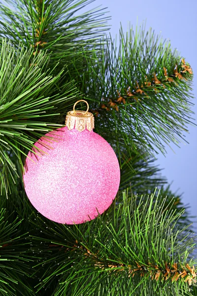 Appendere palla scintillante sul ramo del nuovo albero di anno — Foto Stock