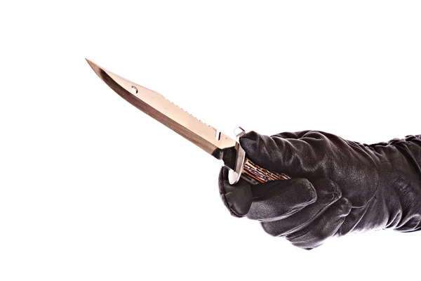 Messer in schwarzem Handschuh isoliert auf weiß — Stockfoto