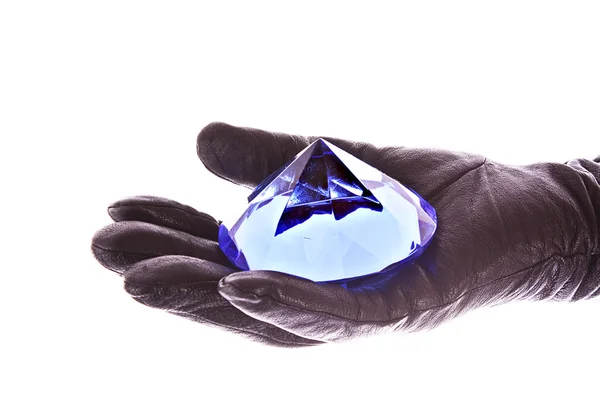 Hain en guante con diamante azul aislado en blanco — Foto de Stock