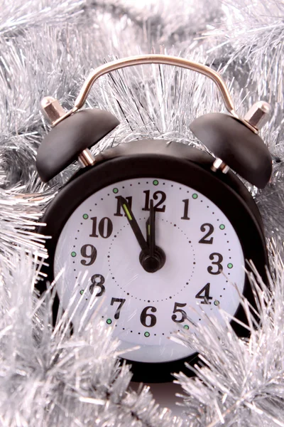 Vintage Alarm Clock in shiny decoration. New year time — Stock Photo, Image