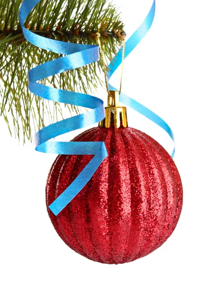 Palla di Natale appesa con nastri su abete — Foto Stock