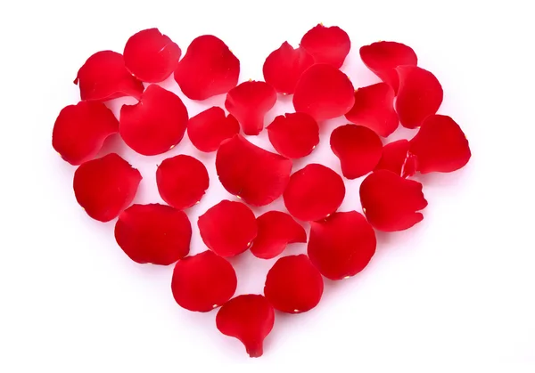 Pétalas de rosa no símbolo de coração isolado no branco — Fotografia de Stock