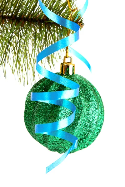 Christmas ball hanging with ribbons on fir tree — Stock Photo, Image