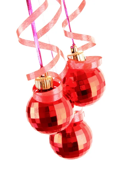 Christmas balls hanging with ribbons isolated on white — Stock Photo, Image