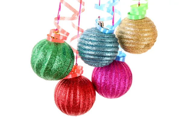Christmas balls hanging with ribbons isolated on white — Stock Photo, Image
