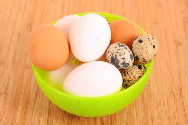 Csoport: a barna és fehér tyúk és fürj foltos tojásokat a pla — Stock Fotó