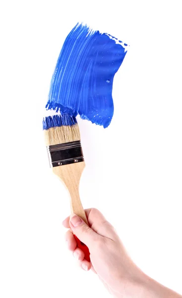 Pincel pintor com tinta azul isolada em branco — Fotografia de Stock