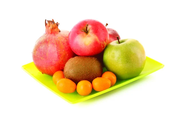 Pomergranate, kiwi, few apple and kumquat isolated on white — Stock Photo, Image