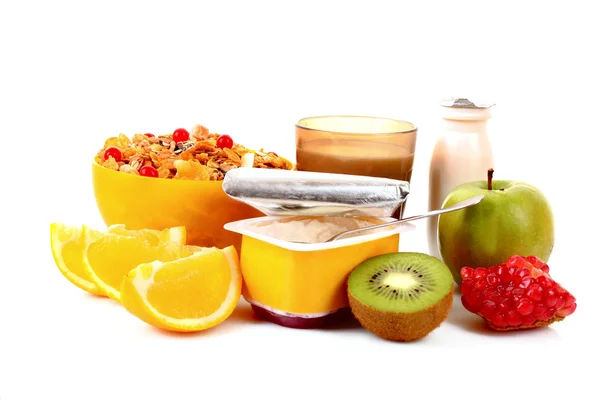Yoghurt, muesli, milk and fruits isolated on white — Stock Photo, Image