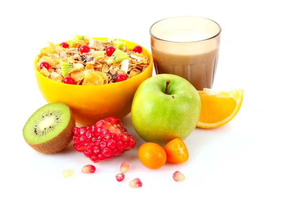 Jogurtti, mysli, maito ja hedelmät eristetty valkoinen — kuvapankkivalokuva