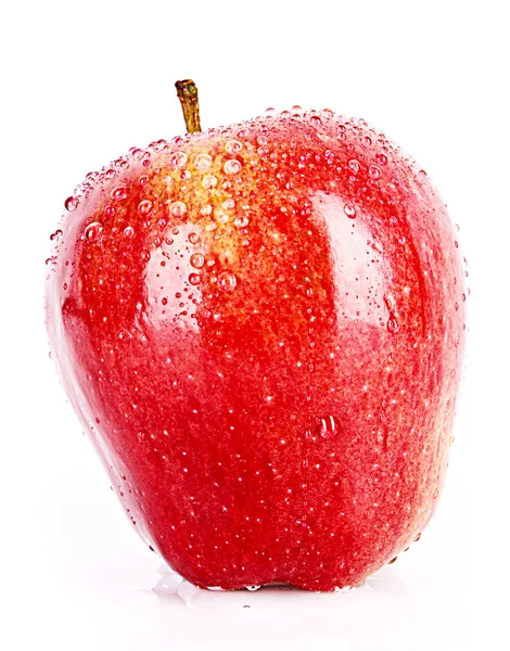 Rött äpple närbild med vattendroppar isolerad på vit — Stockfoto