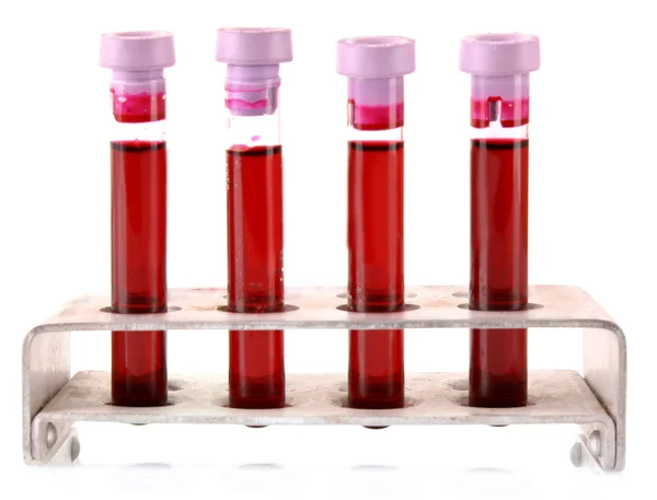 Medische test buizen met bloed in de houder op witte achtergrond — Stockfoto