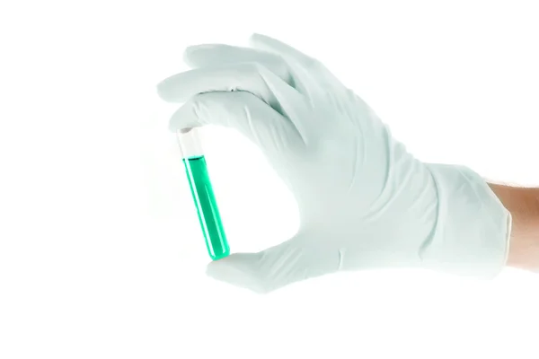 Doctor's hand in glove with test tube with liquid isolated on wh — Stock Photo, Image