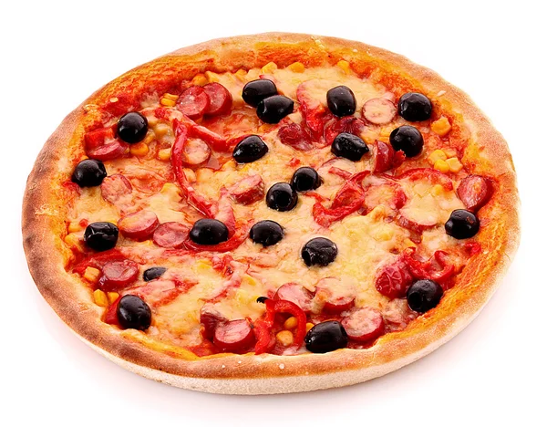 Läcker italiensk pizza över vita. Visa från ovan — Stockfoto