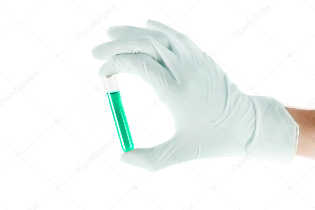 Doctor's hand in glove with test tube with liquid isolated on wh