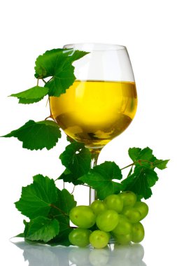 Ripe grapes, wine glass and bottle of wine isolated on white clipart