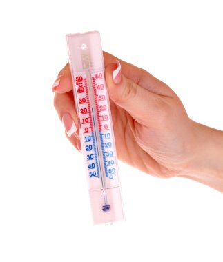 elinde beyaz izole termometre