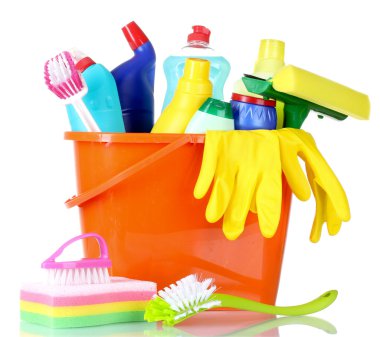 Detergent bottles, brushes, gloves and sponges in bucket clipart