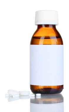 Liquid medicine in glass bottle and pills clipart