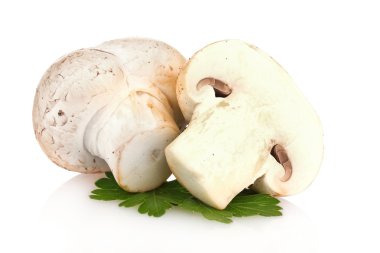 champignon üzerinde beyaz izole maydanoz ile