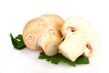 champignon üzerinde beyaz izole maydanoz ile