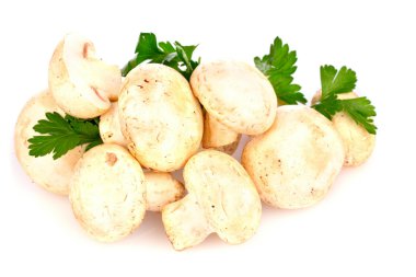 champignon üzerinde beyaz izole maydanoz ile