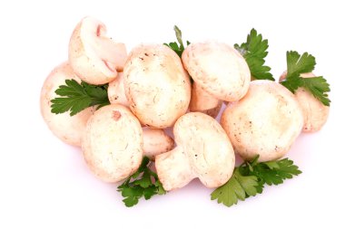 champignon üzerinde beyaz izole maydanoz ile