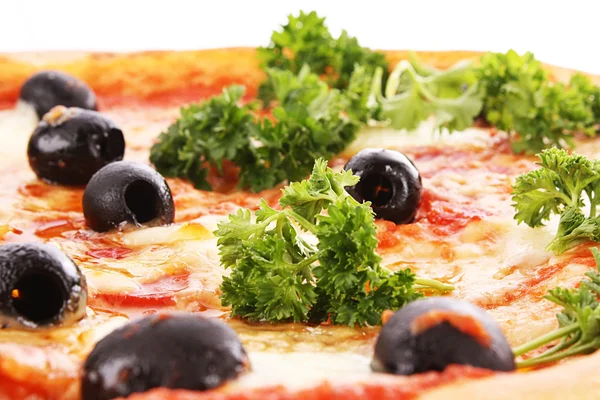 Pizza with olives and green salad — Stock Photo, Image
