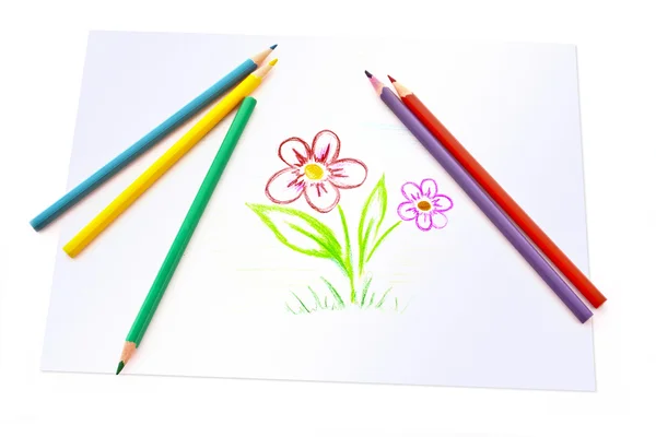Crayons à dessin pour enfants sur lesquels est dessinée une fleur — Photo