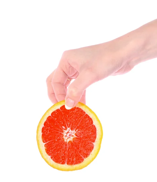 Πορτοκαλί στο χέρι απομονωθεί σε λευκό φόντο — Φωτογραφία Αρχείου