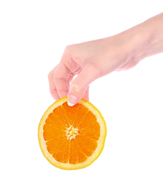Πορτοκαλί στο χέρι απομονωθεί σε λευκό φόντο — Φωτογραφία Αρχείου