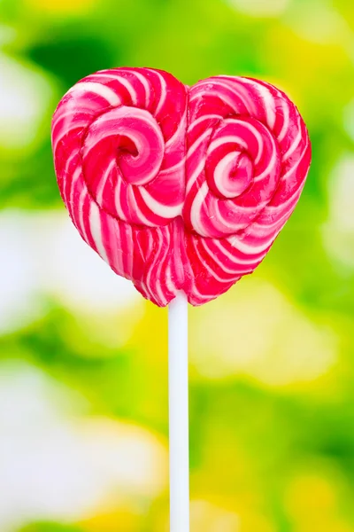 Delicious candy on stick on green background — Stock Photo, Image