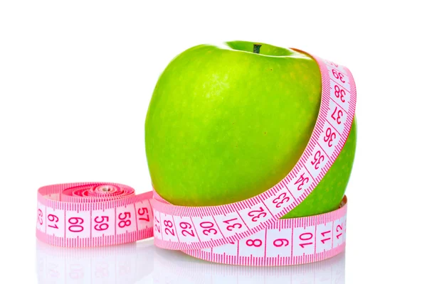 Green apple and measuring tape isolated on white — Stock Photo, Image