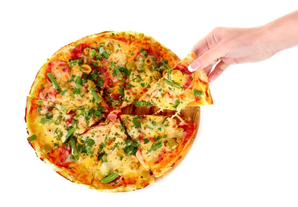 Pizza e mão isolada em branco — Fotografia de Stock