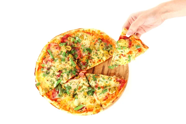 Pizza and hand isolated on white — Zdjęcie stockowe