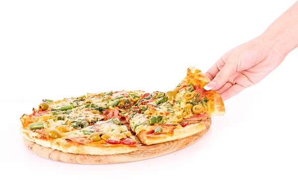 Pizza e mão isolada em branco — Fotografia de Stock