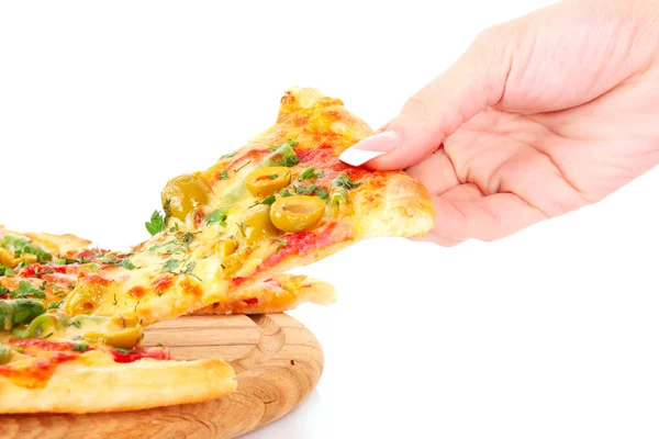 Pizza und Hand isoliert auf weiß — Stockfoto
