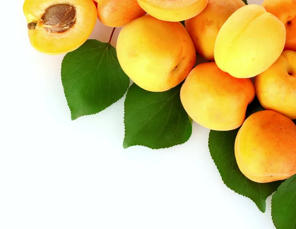 Apricots with leaves isolated on white — Stock Photo, Image