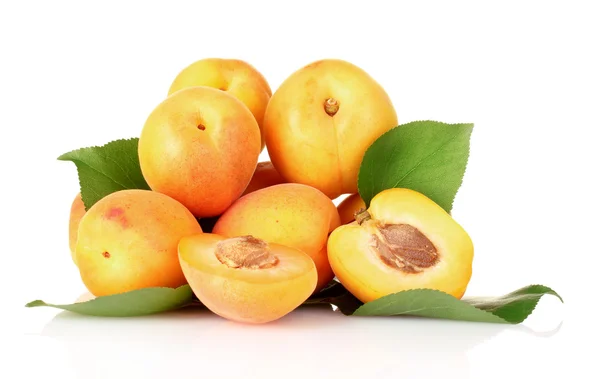 Apricots with leaves isolated on white — Stock Photo, Image